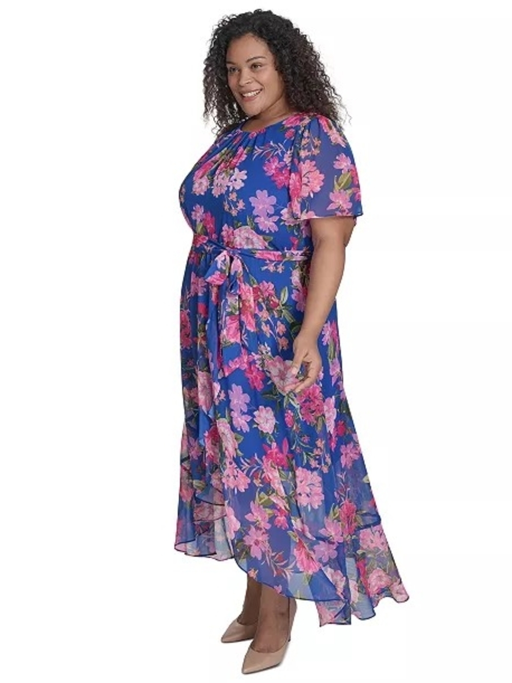 Jessica Howard Blue Floral High-Low Maxi Dress with Tie Waist